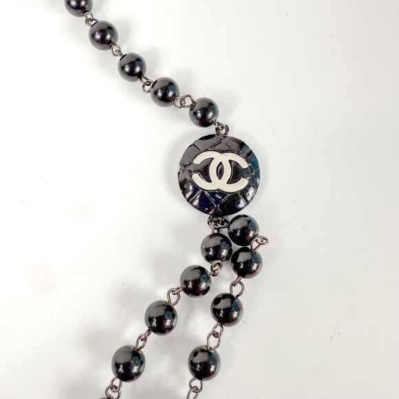 Chanel Glass Beaded Black Coco Logo Camelia Double Strand Necklace Eiffel Tower - Picture 5 of 8